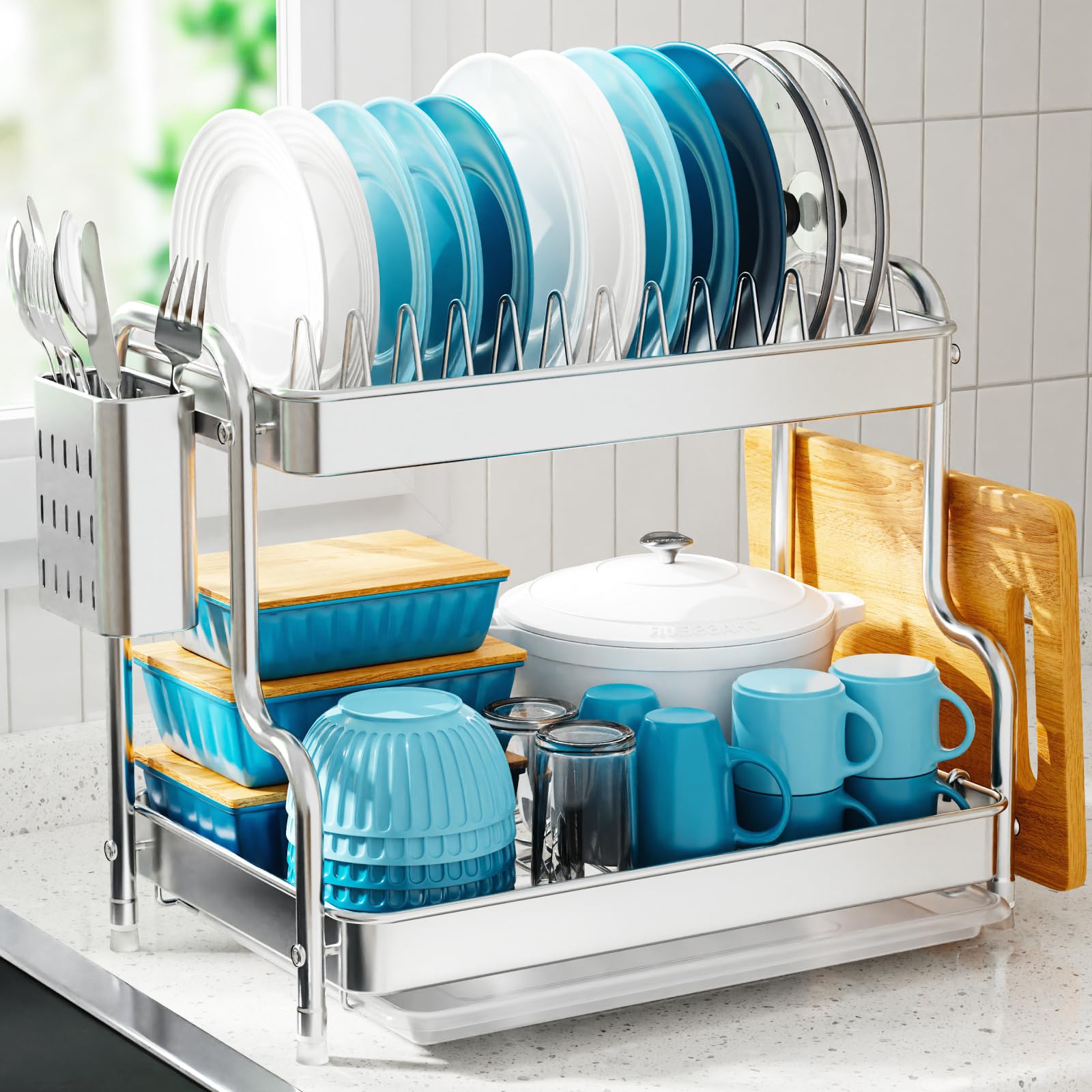 GSlife escurridor de platos 2 niveles frontal, ahorro de espacio en cocinas pequeñas.
