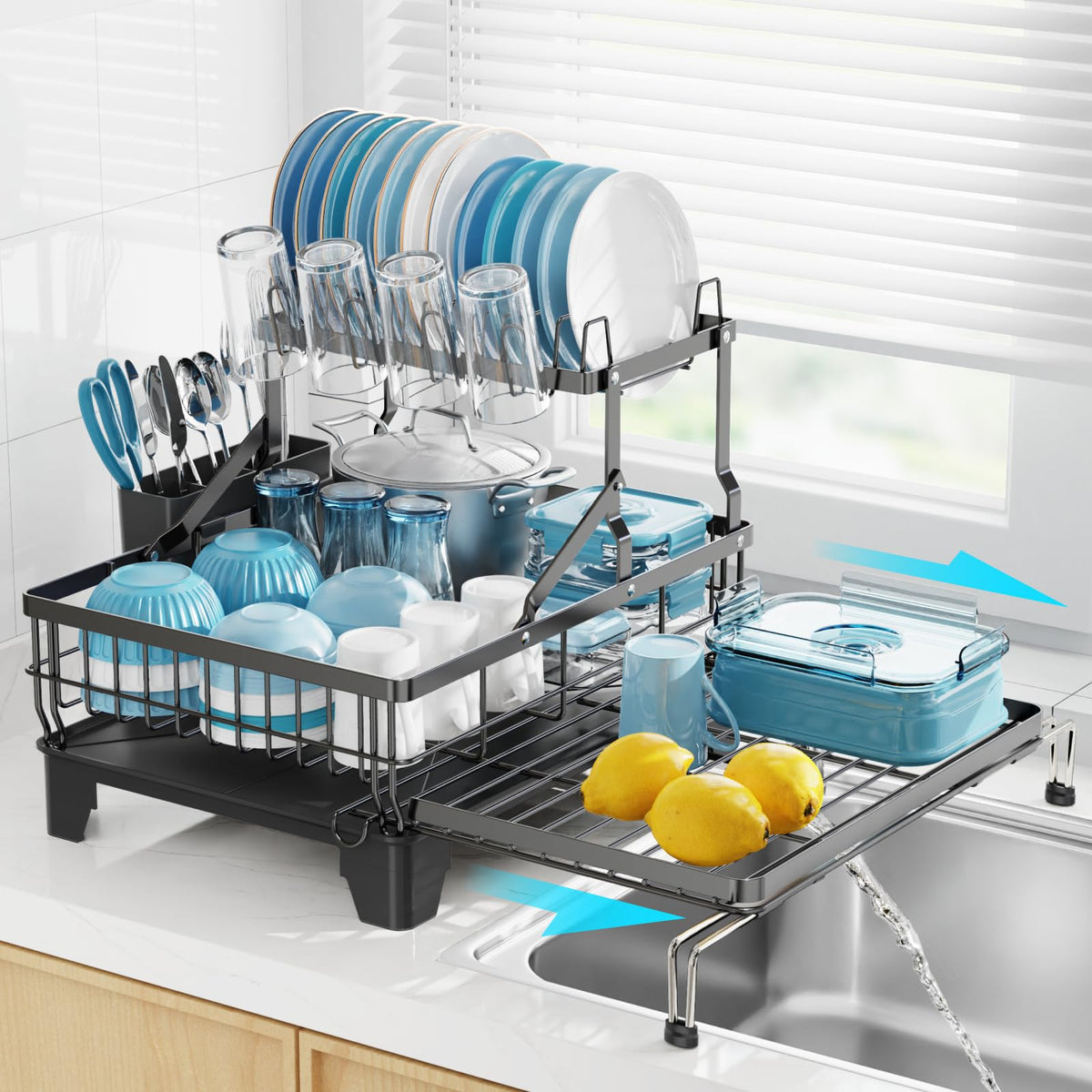 GSlife escurridor de platos dos niveles, vista frontal, gran capacidad