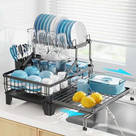 GSlife escurridor de platos dos niveles, vista frontal, gran capacidad