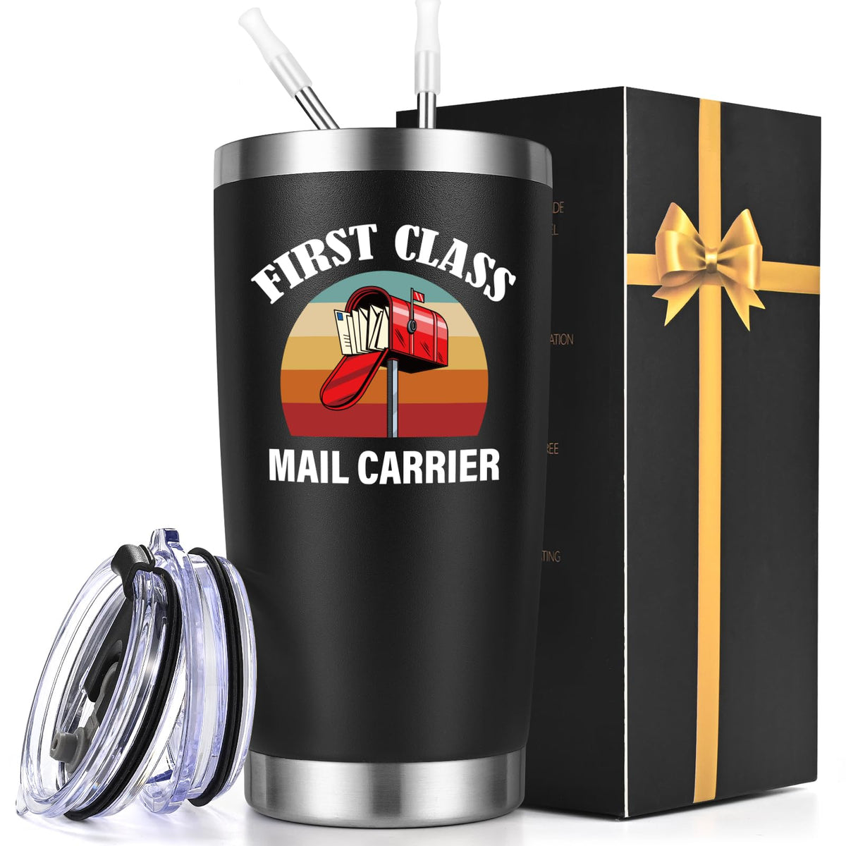 Gtmileo Mailman Tumbler 20oz, vista frontal, mantiene bebidas calientes o frías todo el día.