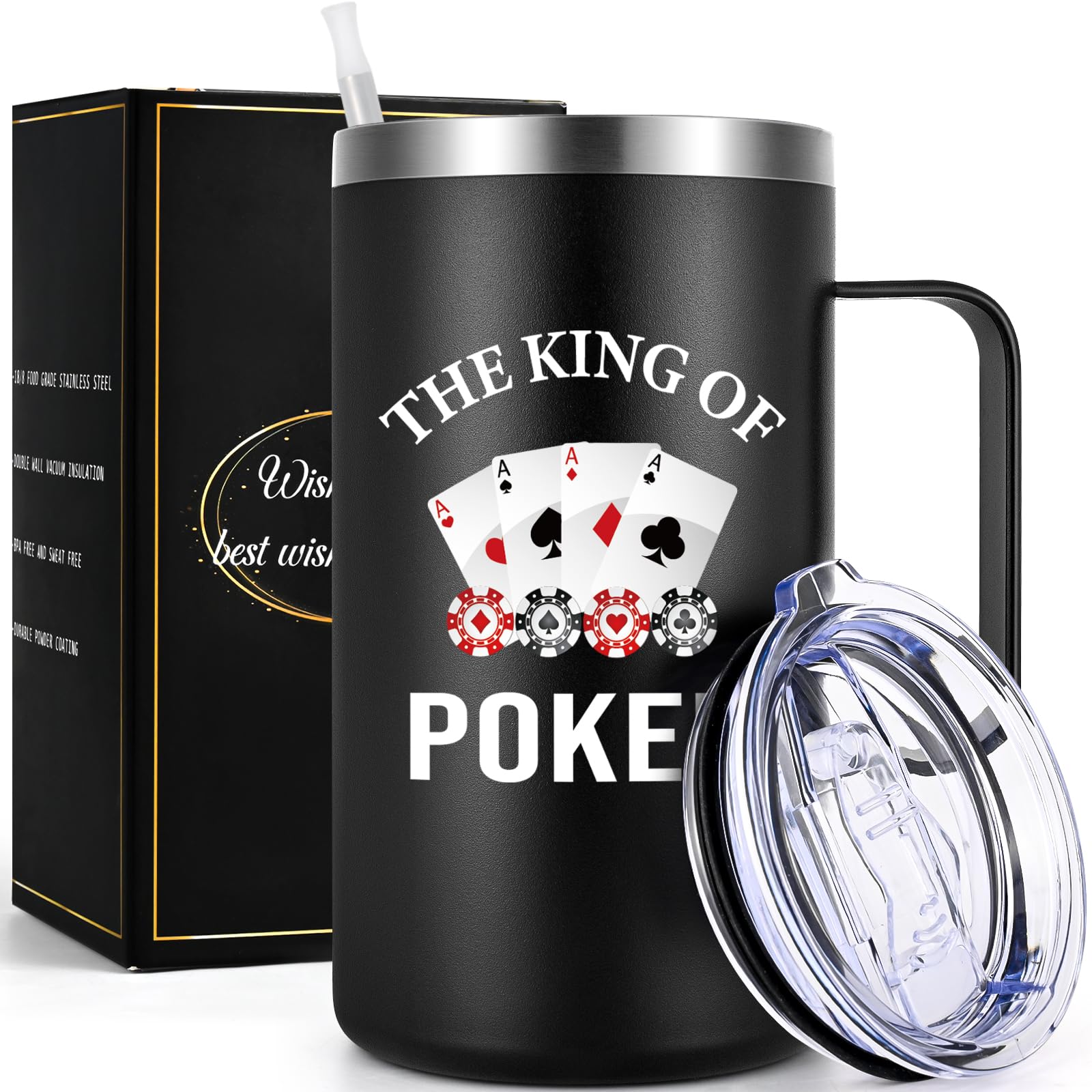 Taza aislada Gtmileo Poker de 20oz, negro, mantiene la temperatura estable.