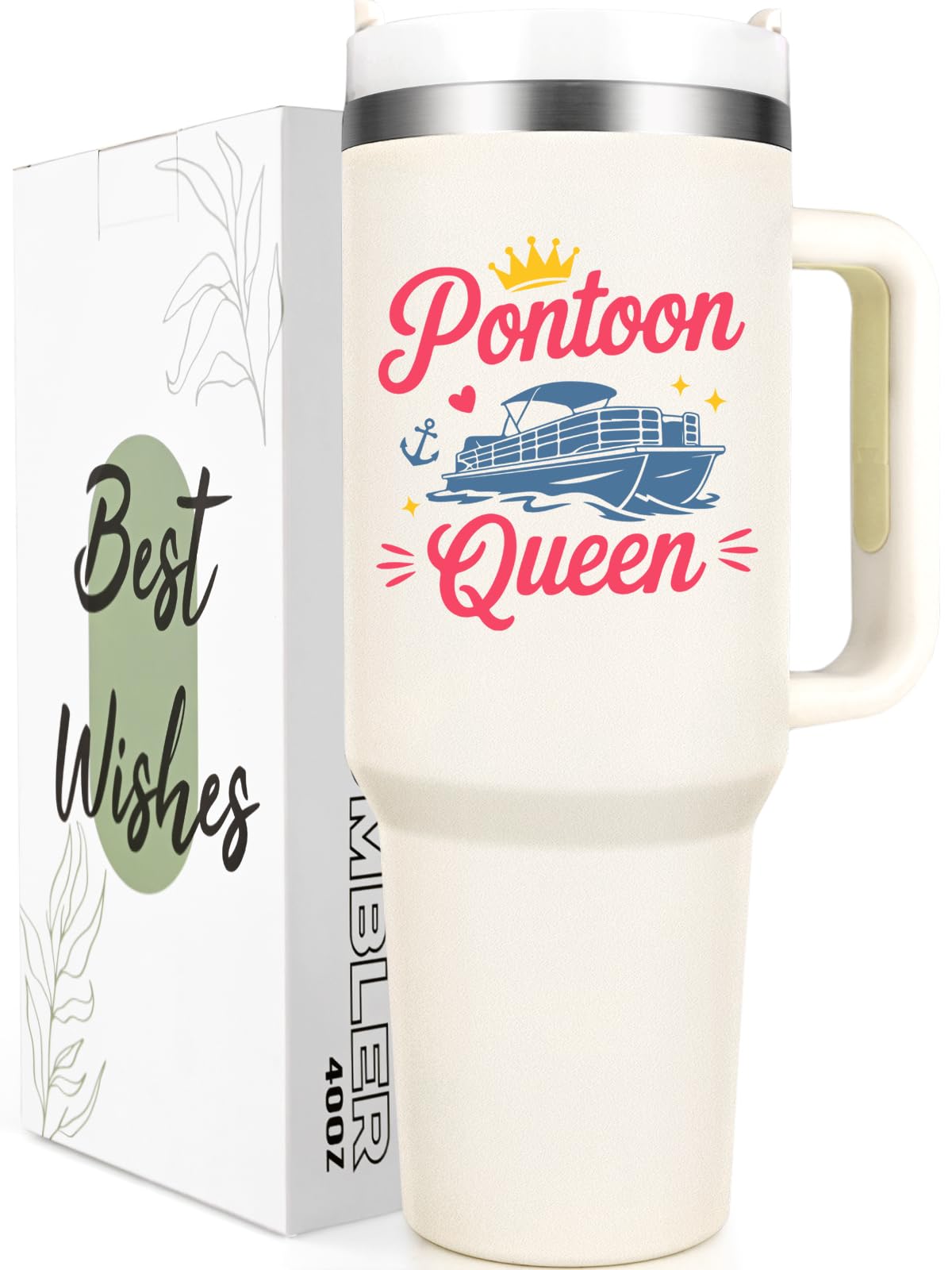 Gtmileo Pontoon Queen, taza térmica 40oz beige, mantiene bebidas calientes durante paseos.