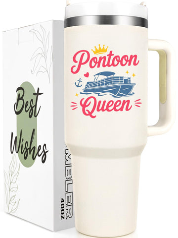 Gtmileo Pontoon Queen, taza térmica 40oz beige, mantiene bebidas calientes durante paseos.