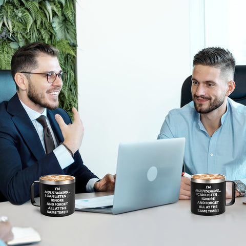 Taza Gtmileo multitarea con frase, perfecta para romper el hielo en reuniones.