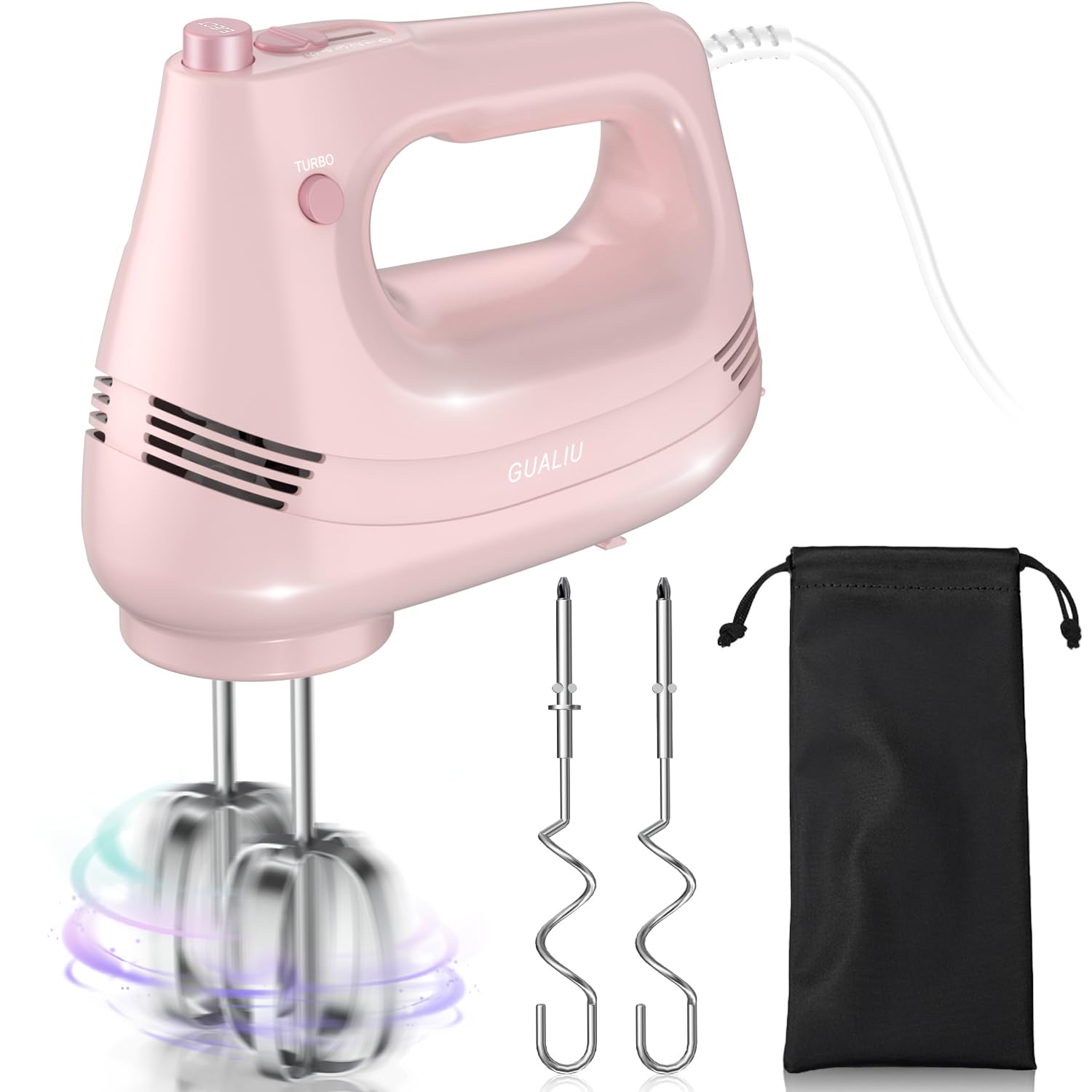 Batidora de mano GUALIU rosa, mango ergonómico para batir rápido y cómodo.