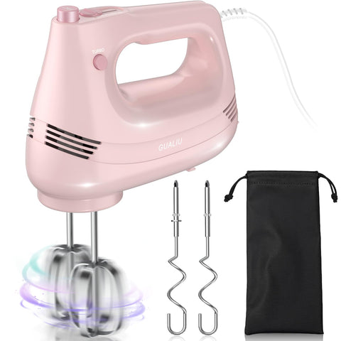 Batidora de mano GUALIU rosa, mango ergonómico para batir rápido y cómodo.