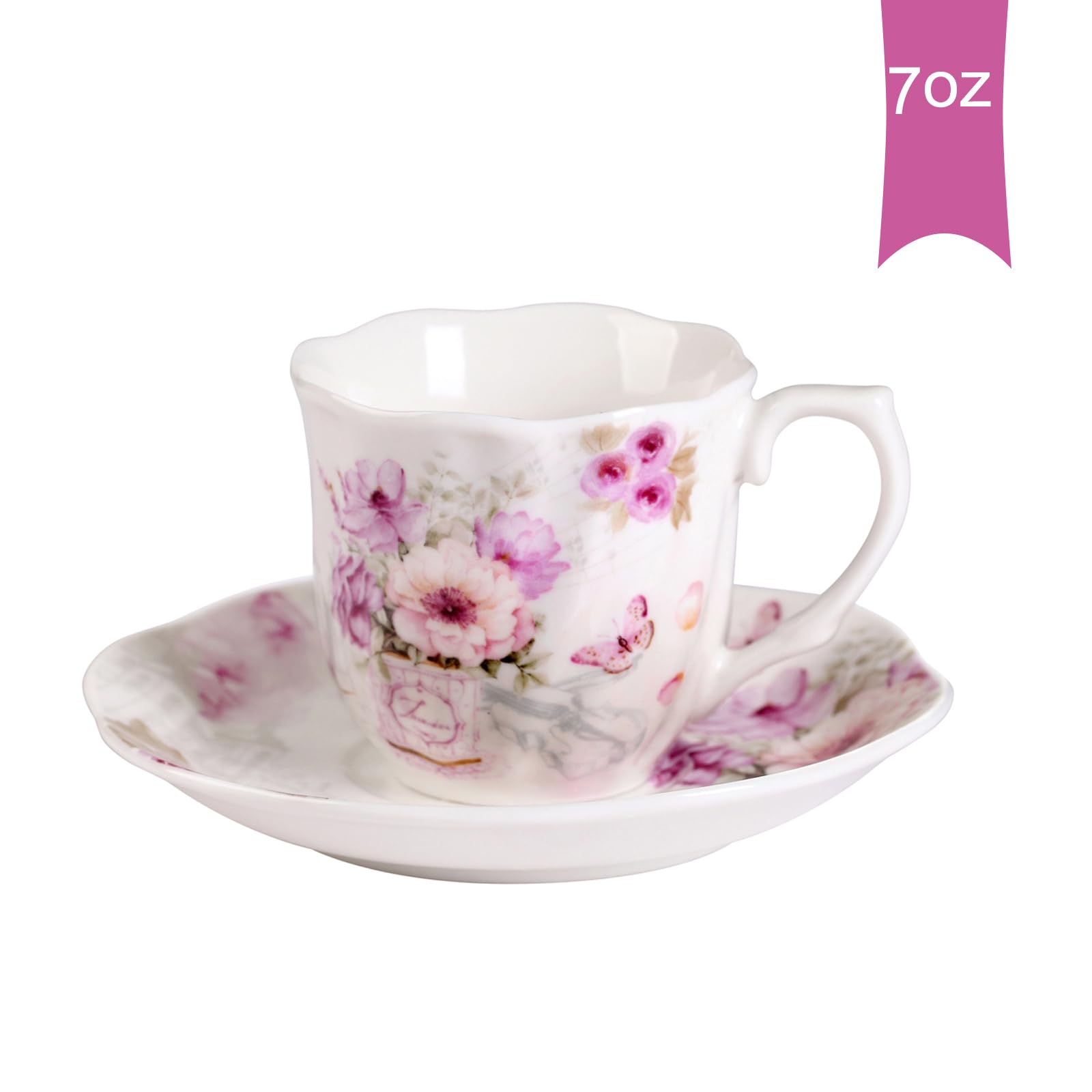 GuangYang juego de 6 tazas y platillos en porcelana, estilo floral morado.