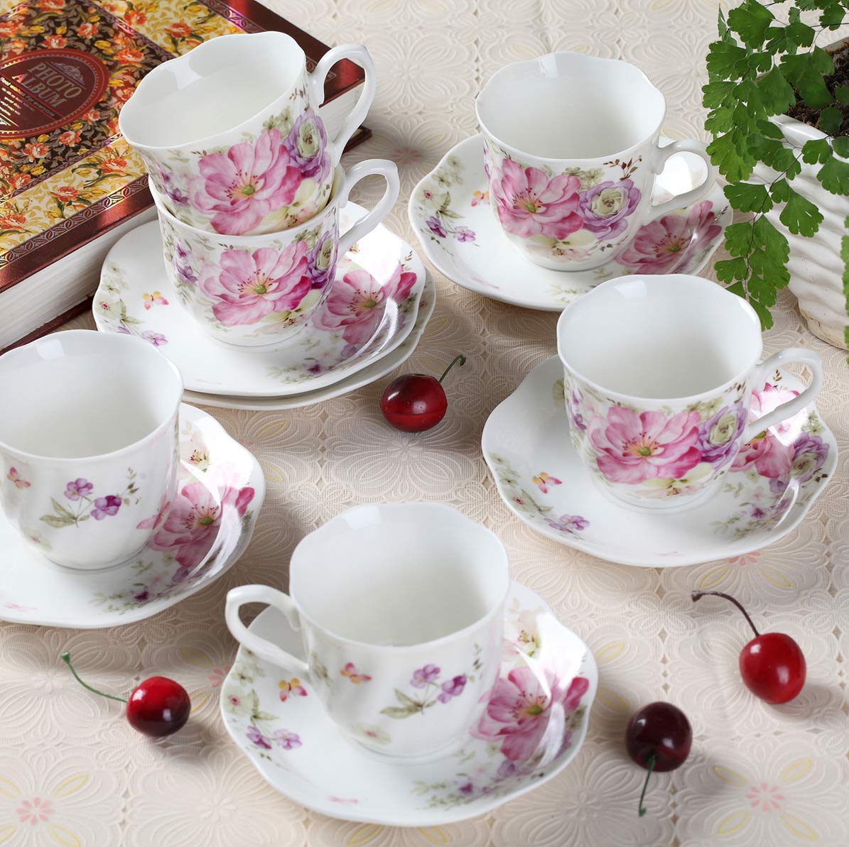 GuangYang platillos de porcelana 7oz con rosas, perfectos para acompañar postres