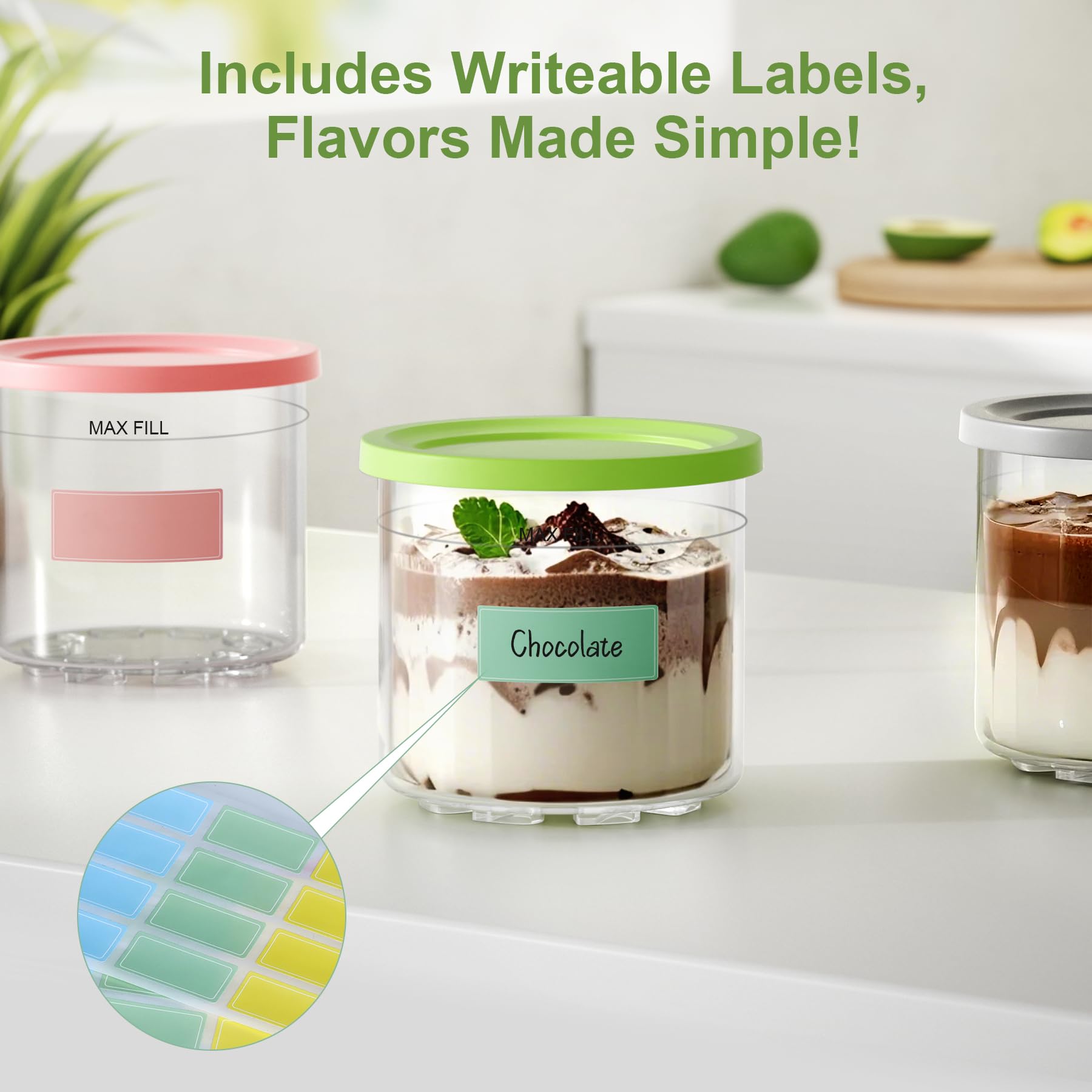 GuanQiao Creami Pint: cuatro contenedores con cucharas y etiquetas para organizar sabores.