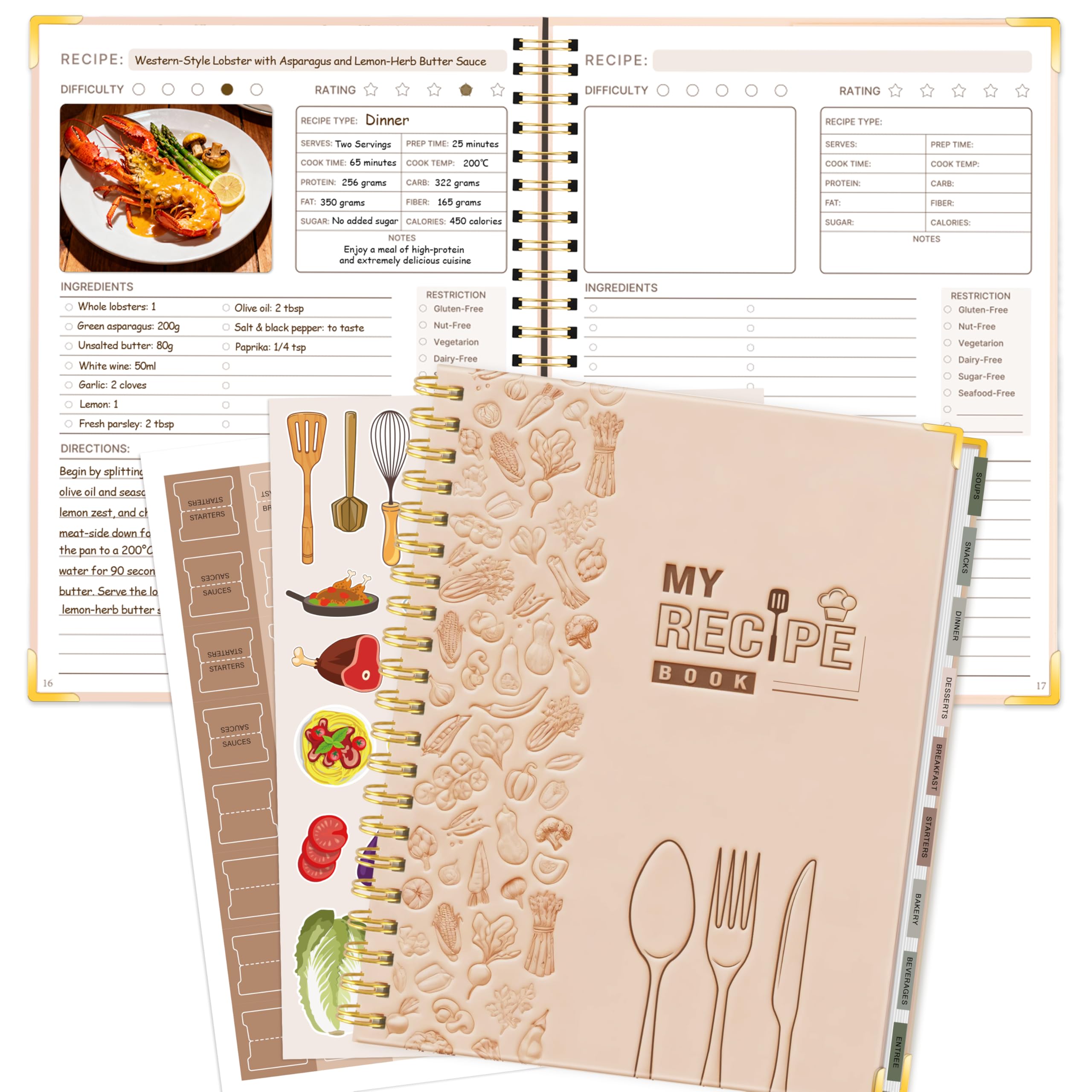 GuassLee cuaderno de recetas rosa claro con portada texturizada para 140 recetas