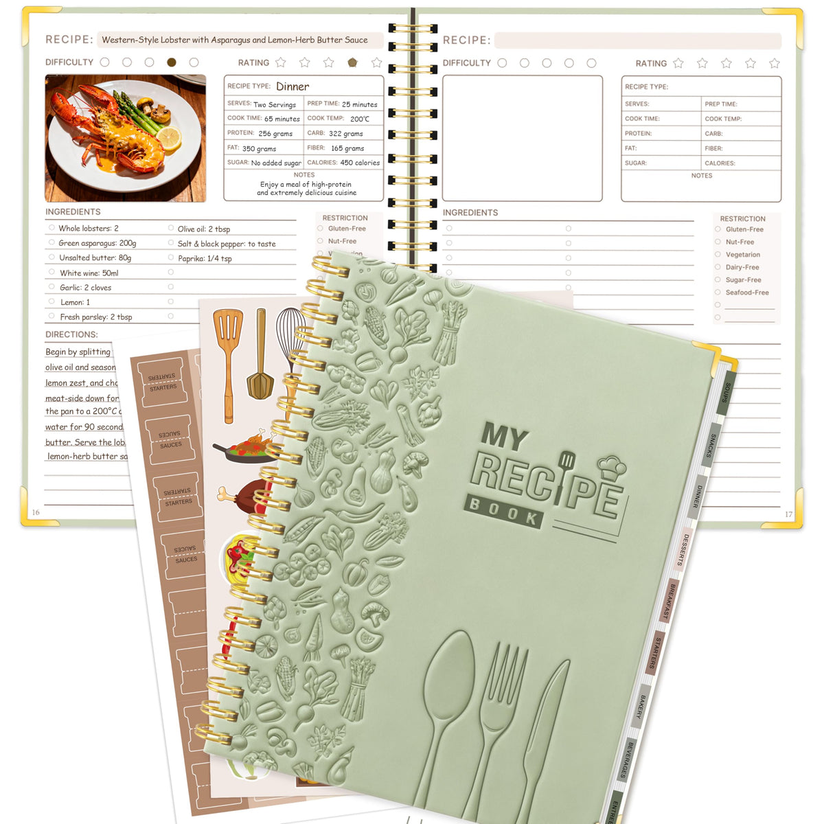 GuassLee libro de recetas con portada texturizada en verde salvia para conservar recetas.