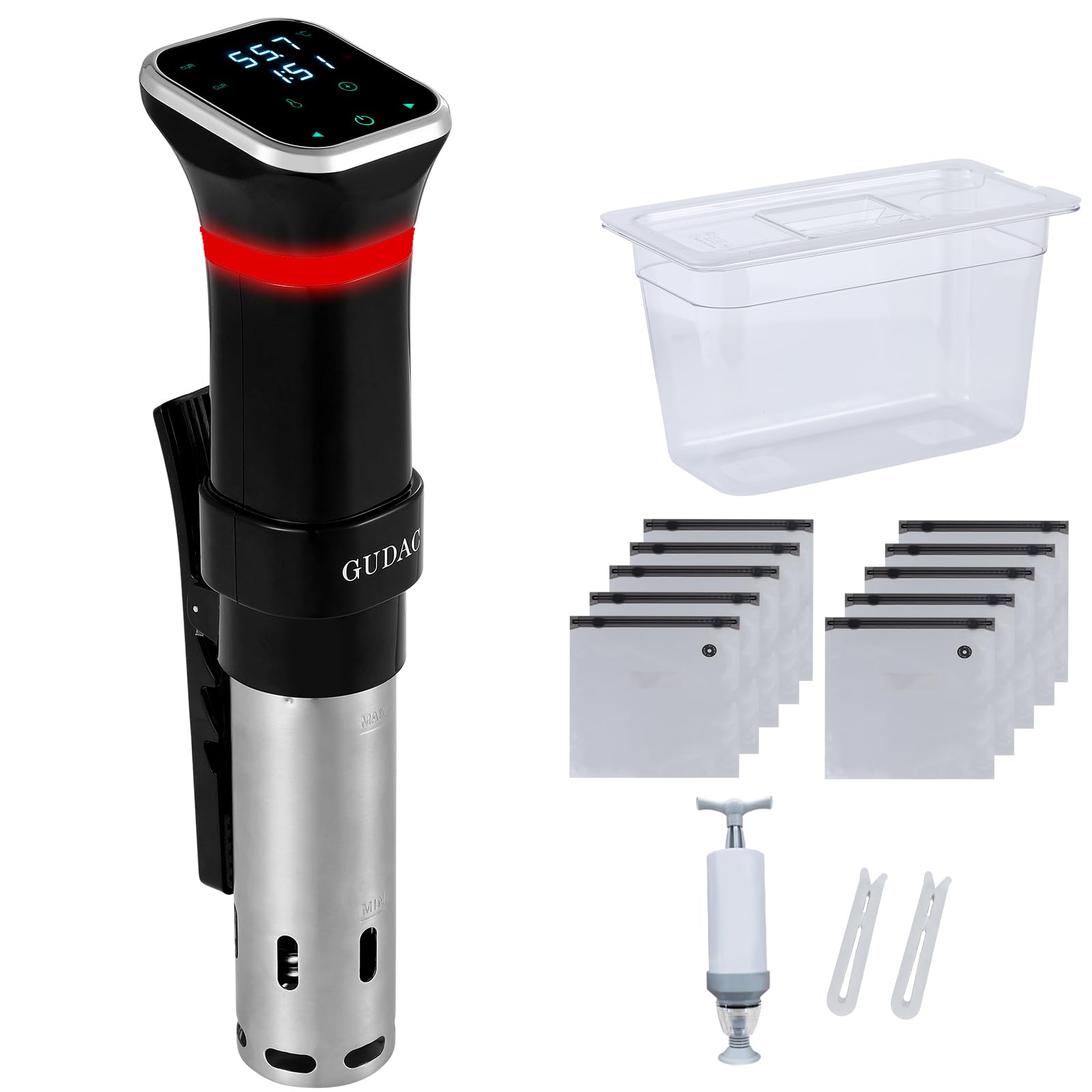Gudac circulador sous‑vide 1100W con panel luminoso para cocción precisa.