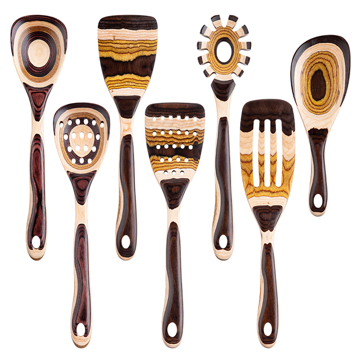Gudamaye: conjunto de utensilios Pakkawood, acabado cálido, ideal para cocinar a diario.