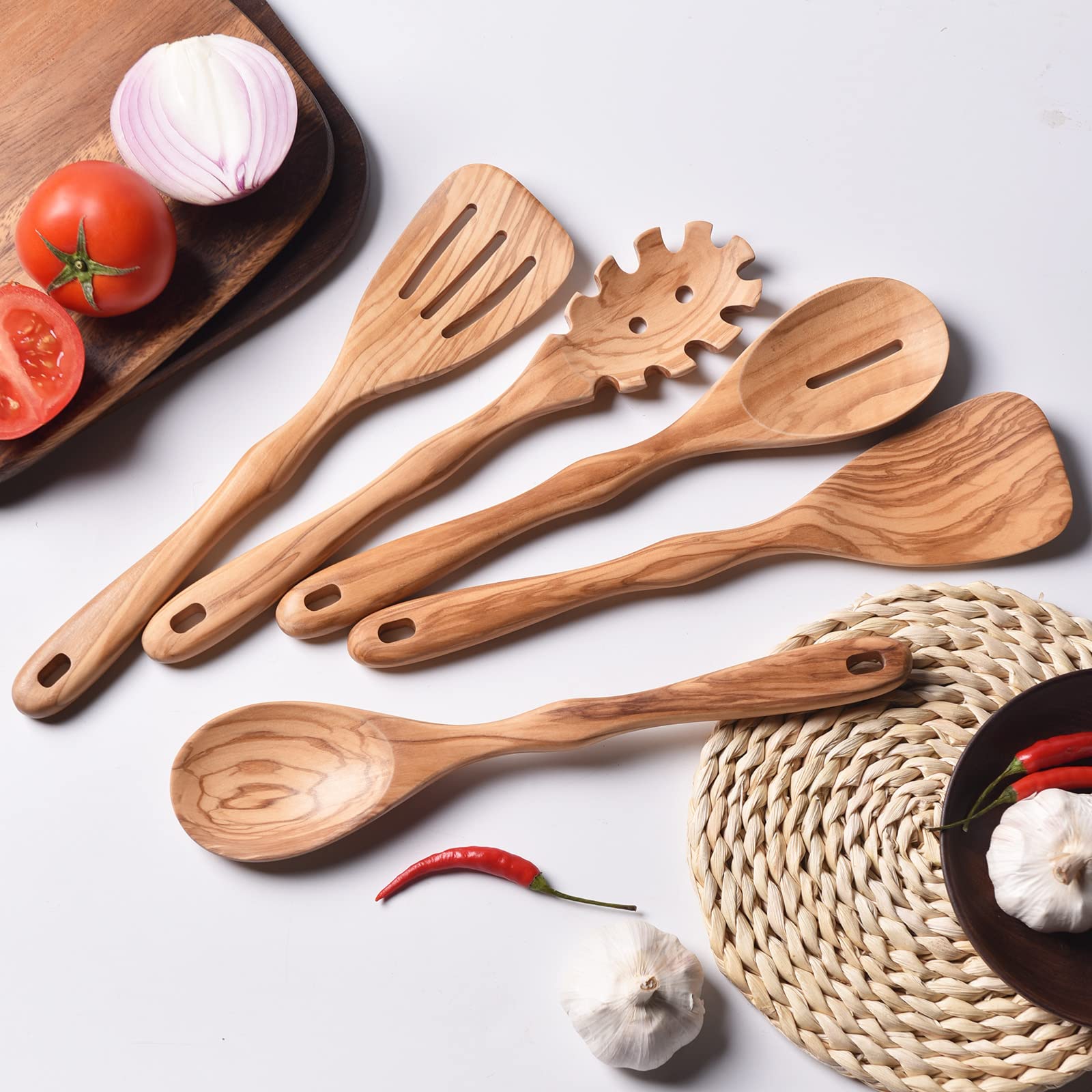 Gudamaye utensilios de cocina de olivo con vetas naturales