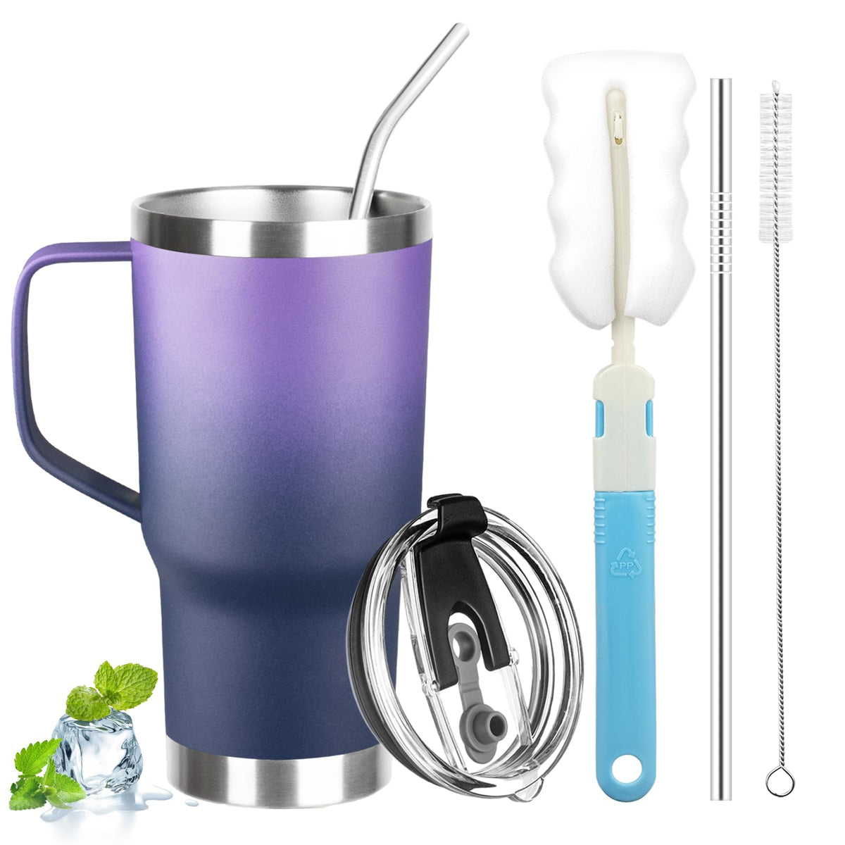 GUDEMAO vaso térmico 20oz con asa morado-azulado, ideal para uso diario.