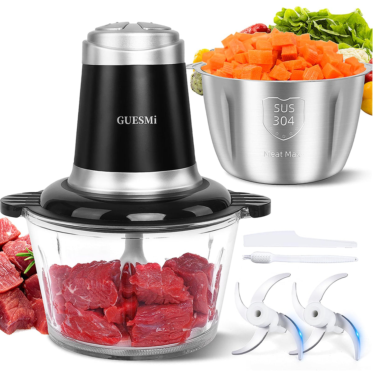GUESMi Picadora con motor de cobre de 500W, rendimiento rápido para carnes y verduras.