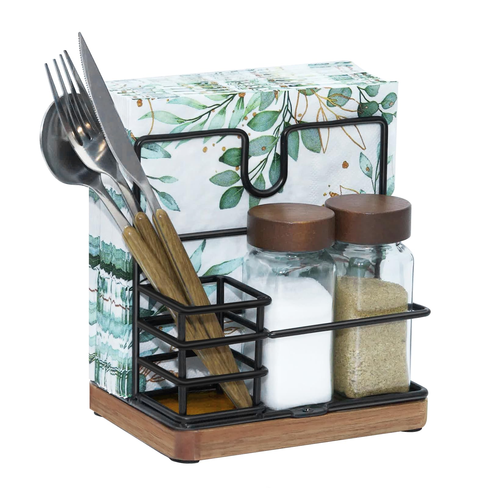 Guijinga porta-servilletas con base de acacia para mesa estable y ordenada.