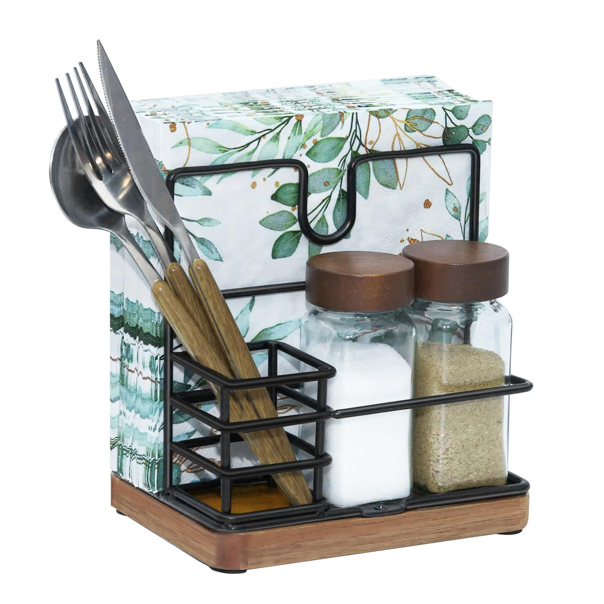 Guijinga porta-servilletas con base de acacia para mesa estable y ordenada.