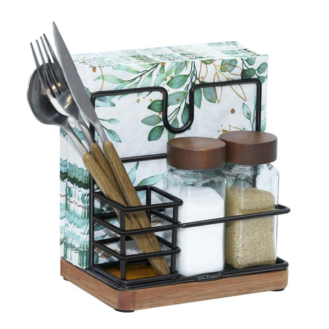 Guijinga porta-servilletas con base de acacia para mesa estable y ordenada.