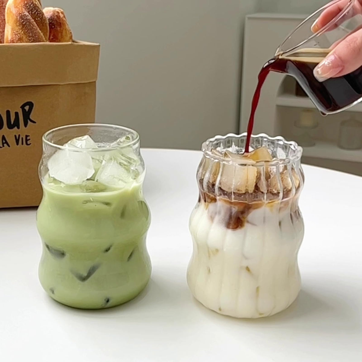 GUOJOZO vaso de vidrio con estrías y burbujas, ideal para café helado.