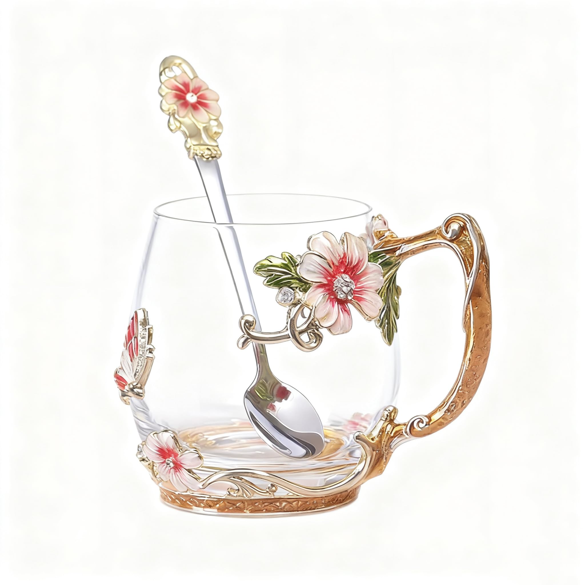 Guon-Wuvl Conjunto taza cristal flor con cuchara, regalo elegante para la mesa