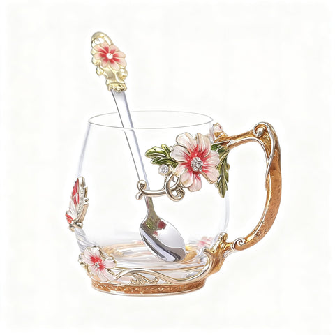Guon-Wuvl Conjunto taza cristal flor con cuchara, regalo elegante para la mesa