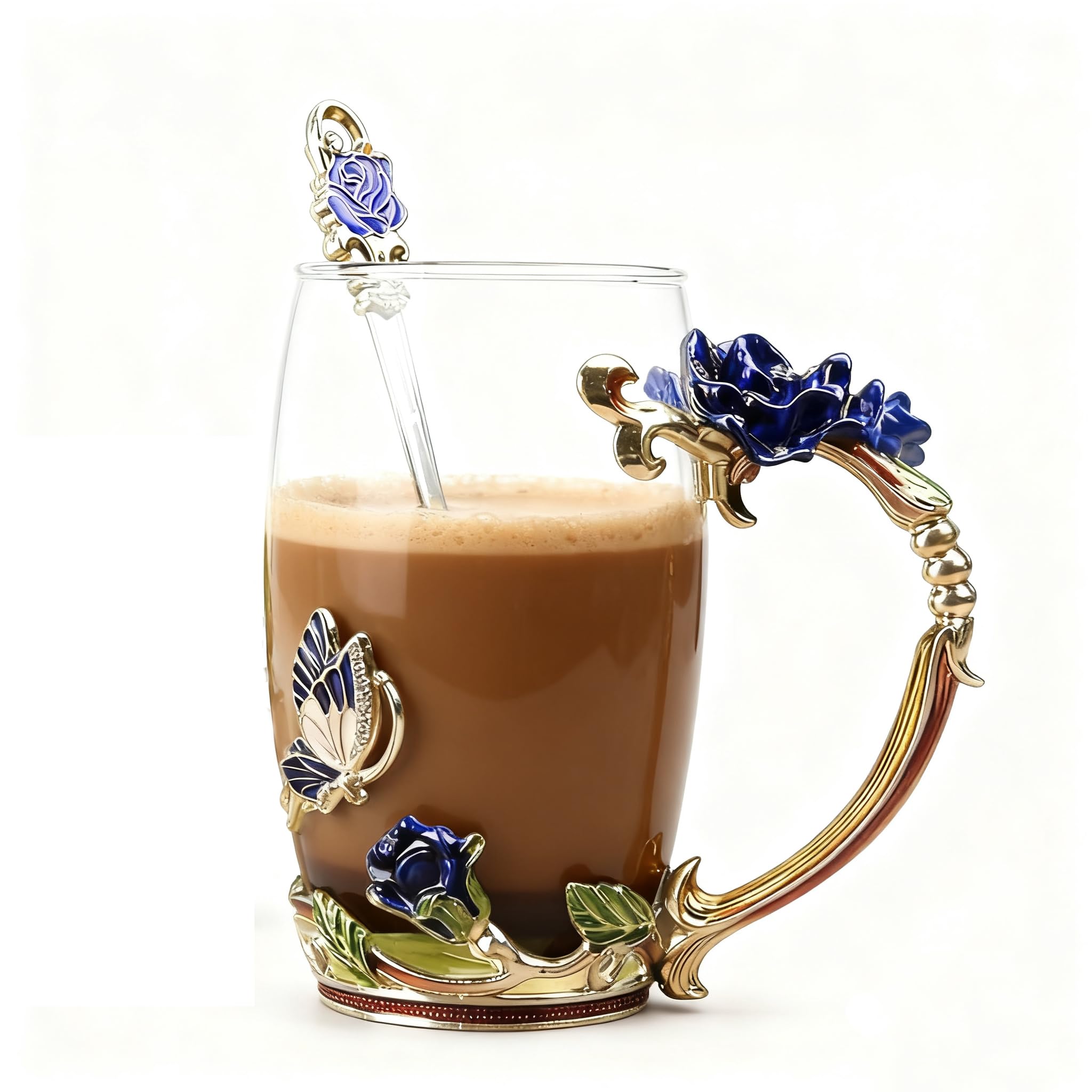 Guon-Wuvl taza de té azul con cuchara, perfecta para disfrutar té caliente