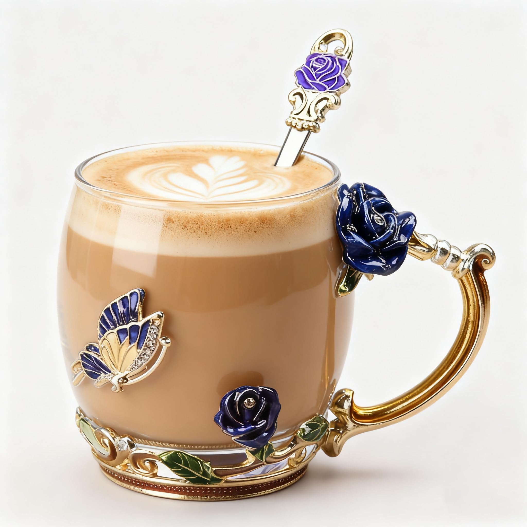 Taza Guon-Wuvl de cristal azul con flor 3D, ideal para té
