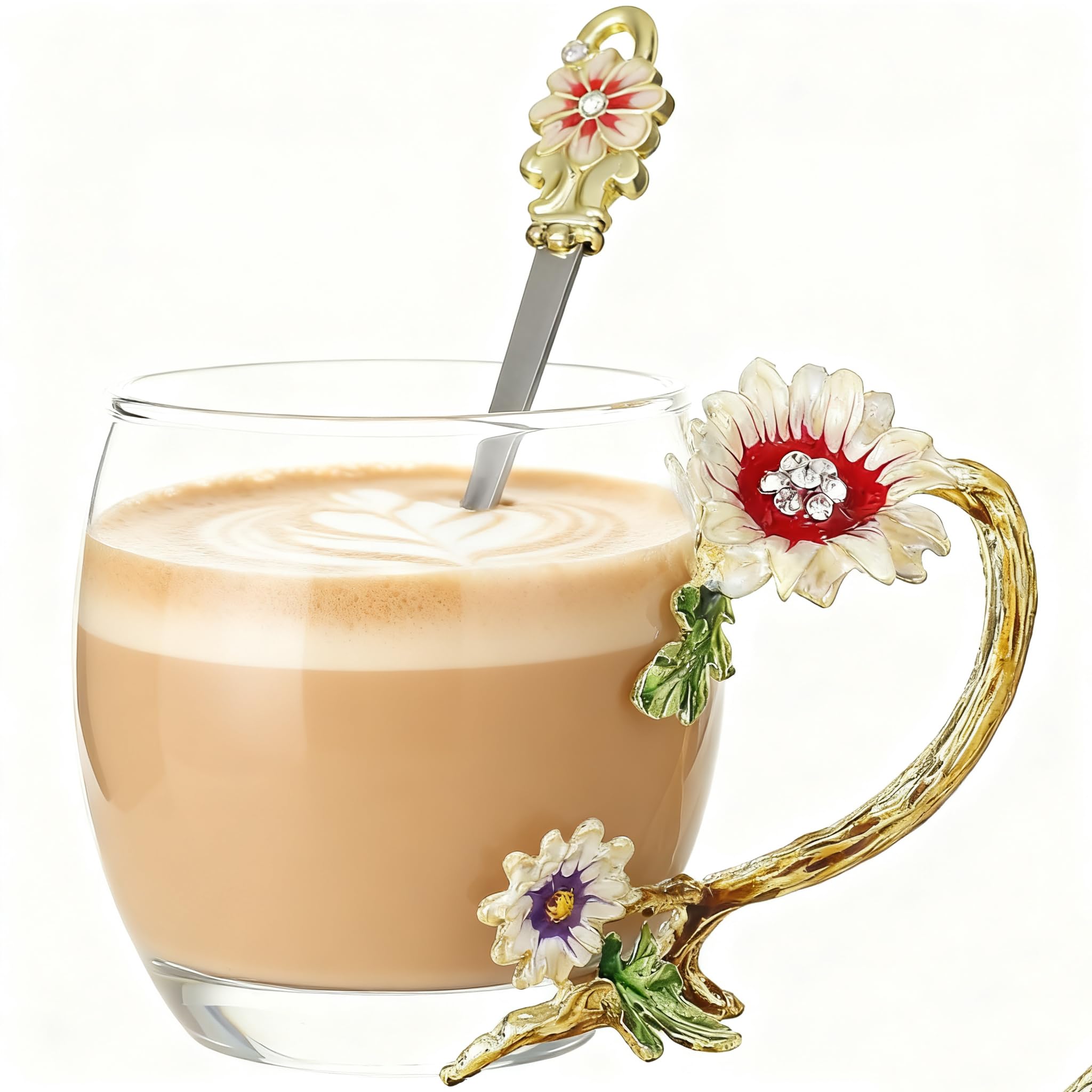 Taza Guon-Wuvl de cristal con flor 3D y mariposa, ideal para té caliente