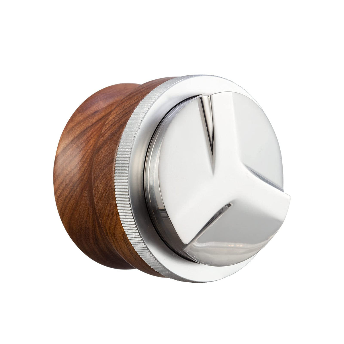 Distribuidor GURUDAR 58mm con mango de nogal, agarre cómodo para espresso uniforme.