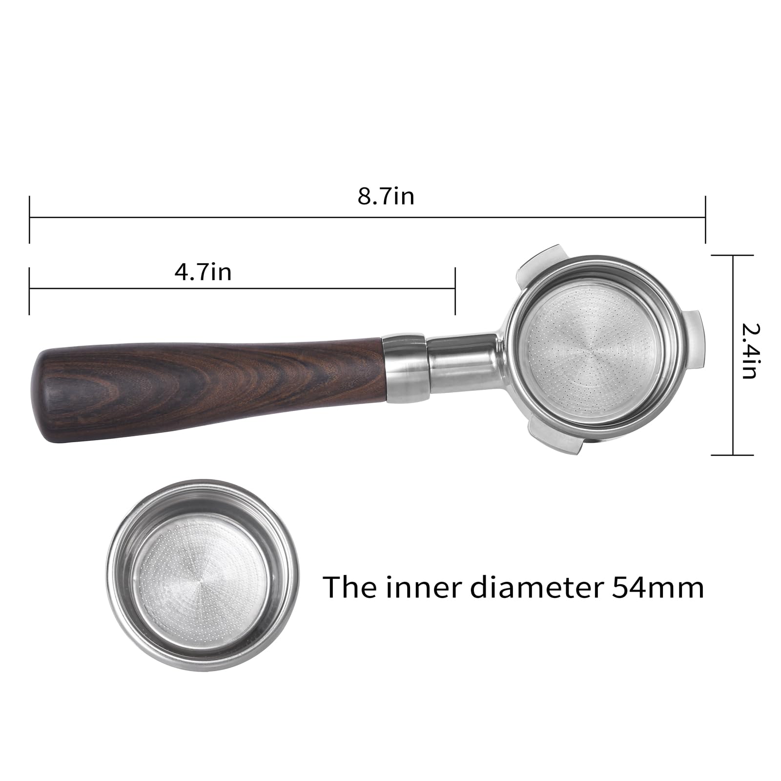 Portafiltro sin pico 54mm diseño desmontable para limpieza fácil.