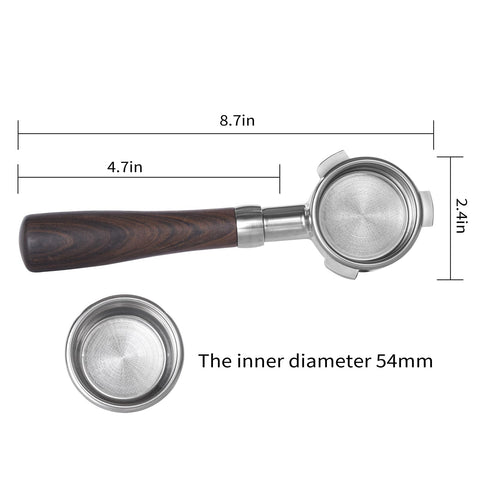 Portafiltro sin pico 54mm diseño desmontable para limpieza fácil.