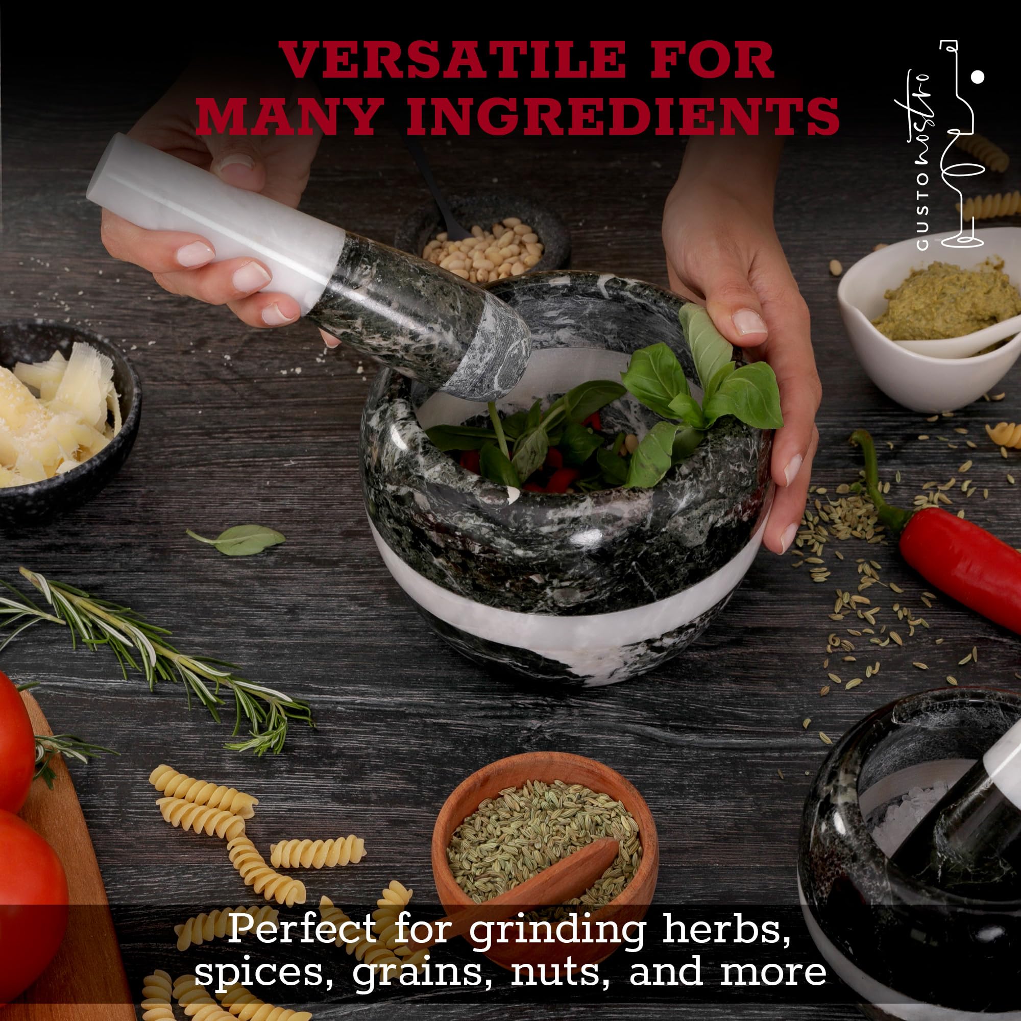 Gusto Nostro diseño artesanal en mortero de mármol para cocina elegante.