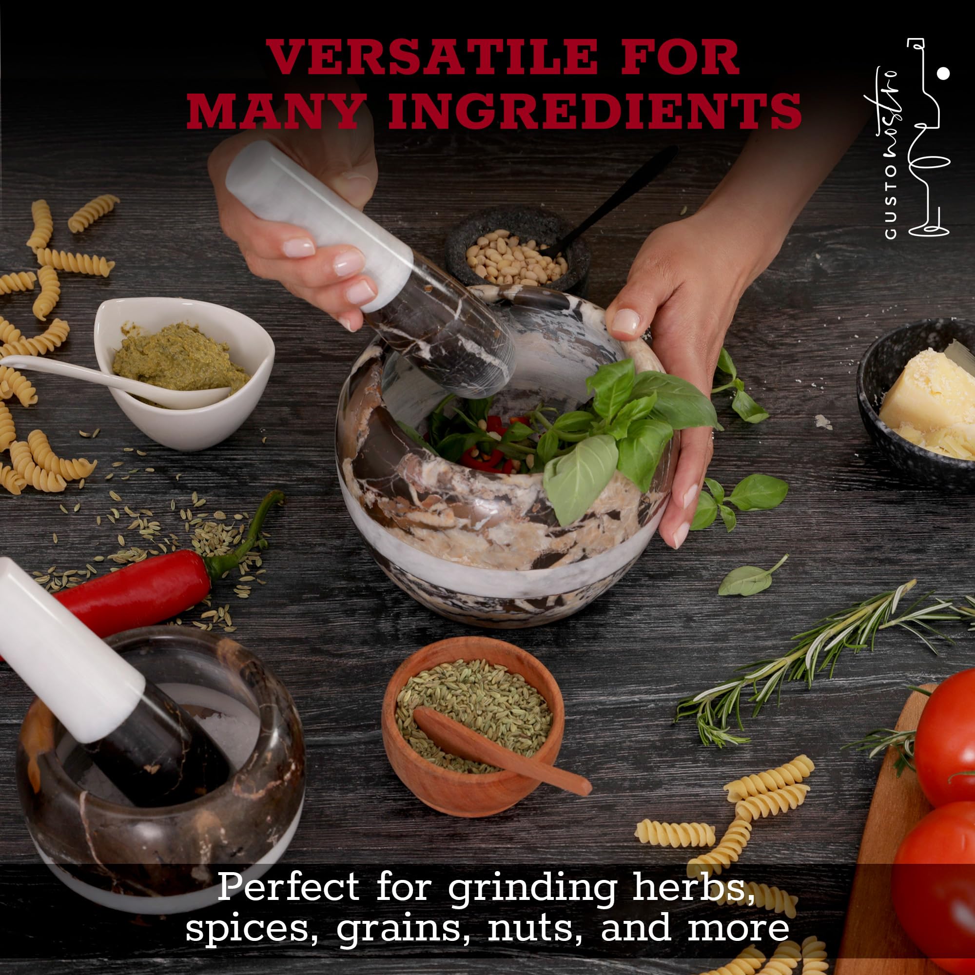 Mortero de mármol Gusto Nostro para lotes grandes facilita mezclar ingredientes en porciones generosas