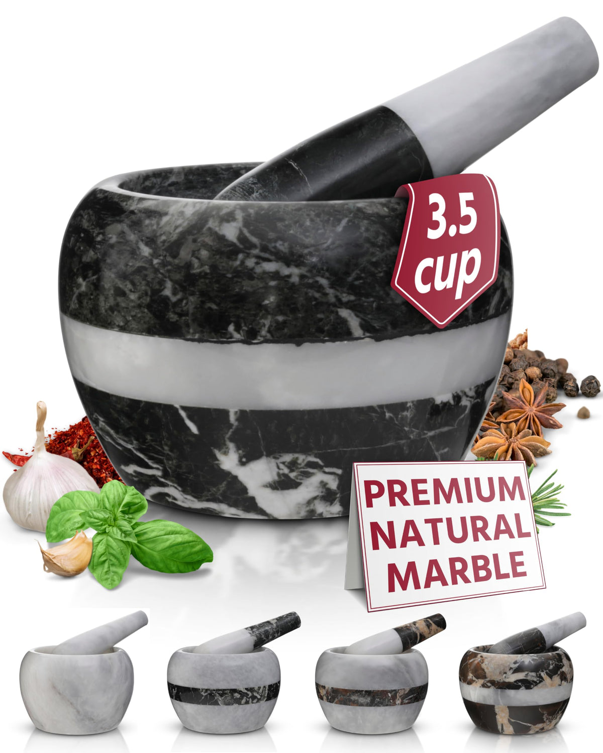 Gusto Nostro mortero y pilón de mármol natural para moler hierbas con aroma intenso.