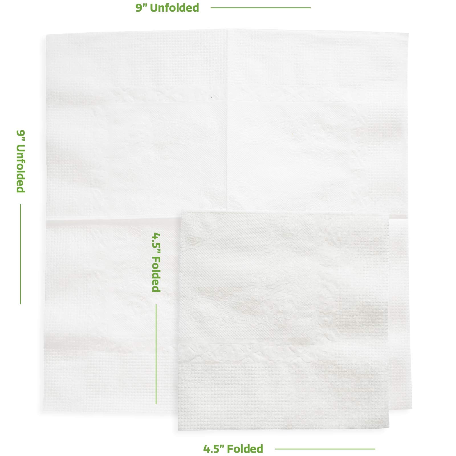 GUSTO servilletas blancas 9x9 desplegadas muestran tamaño práctico para postres.