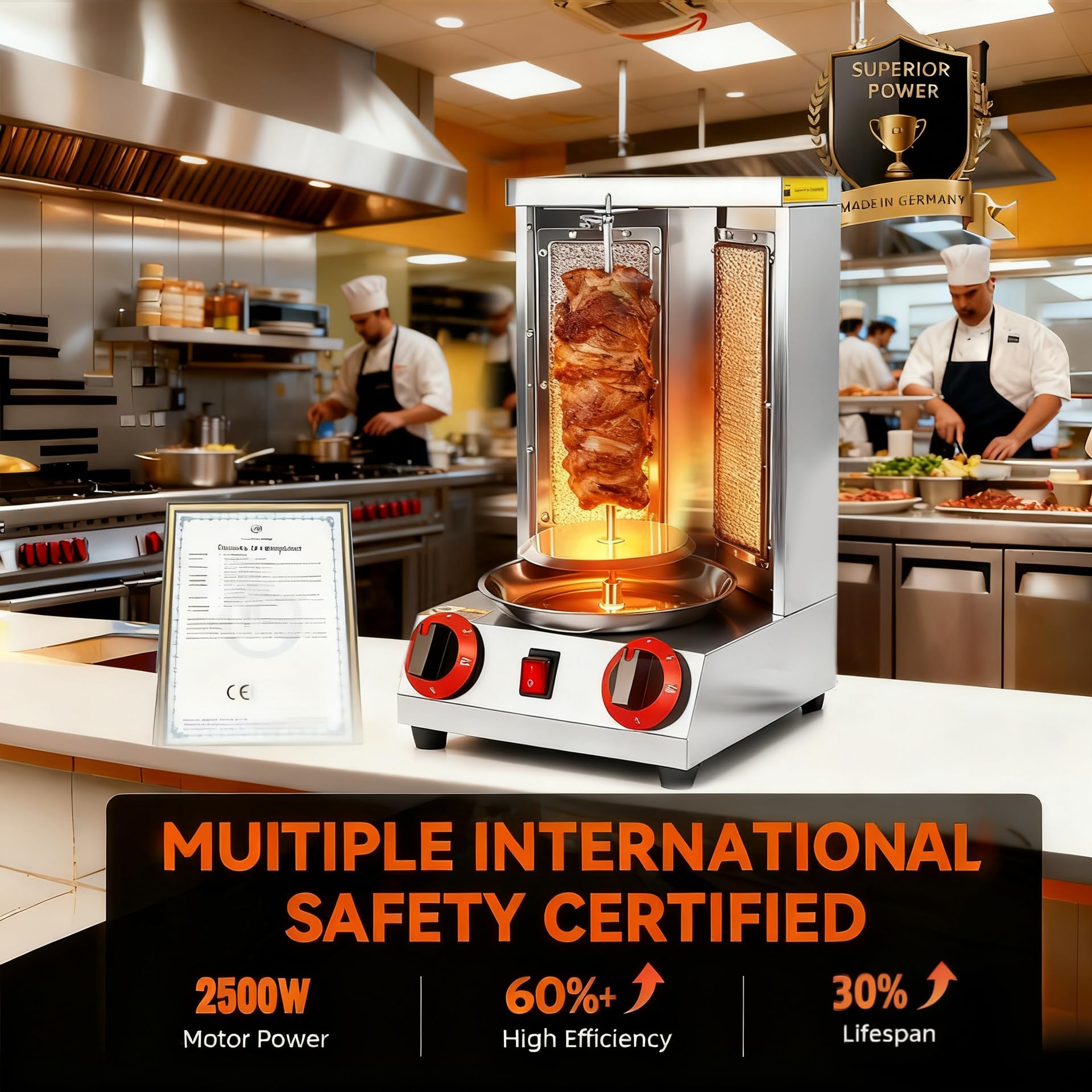 GUSTOCHEF Shawarma Grill, dos quemadores, control de zonas para diferentes carnes