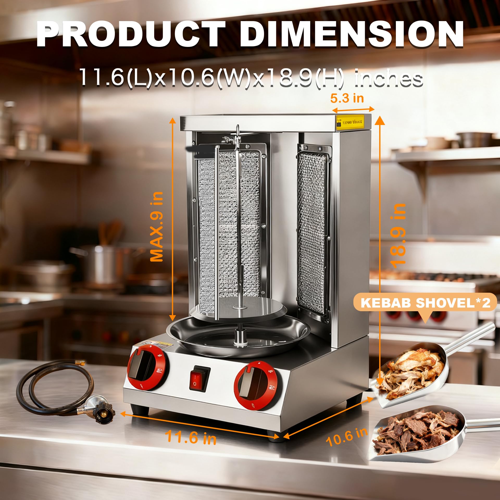 GUSTOCHEF Shawarma Grill, base elevada y reserva de agua para seguridad