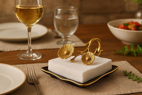 GUTE exhibicion de servilletas en acabado oro-negro, ideal para bodas