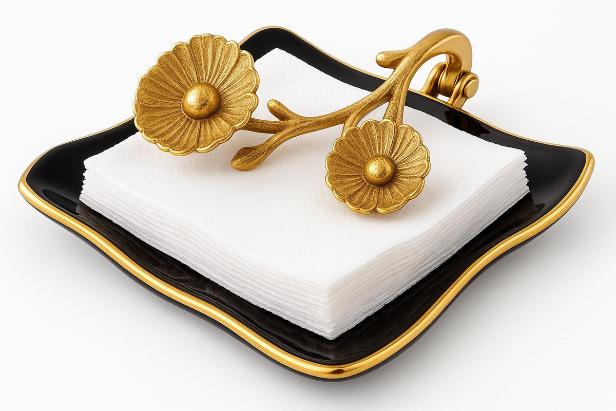 GUTE porta-servilletas bronce oro con flor, añade elegancia a la mesa