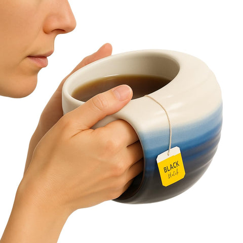 Taza GUTE calienta-manos doble de cerámica con diseño ergonómico para calor en ambas manos.