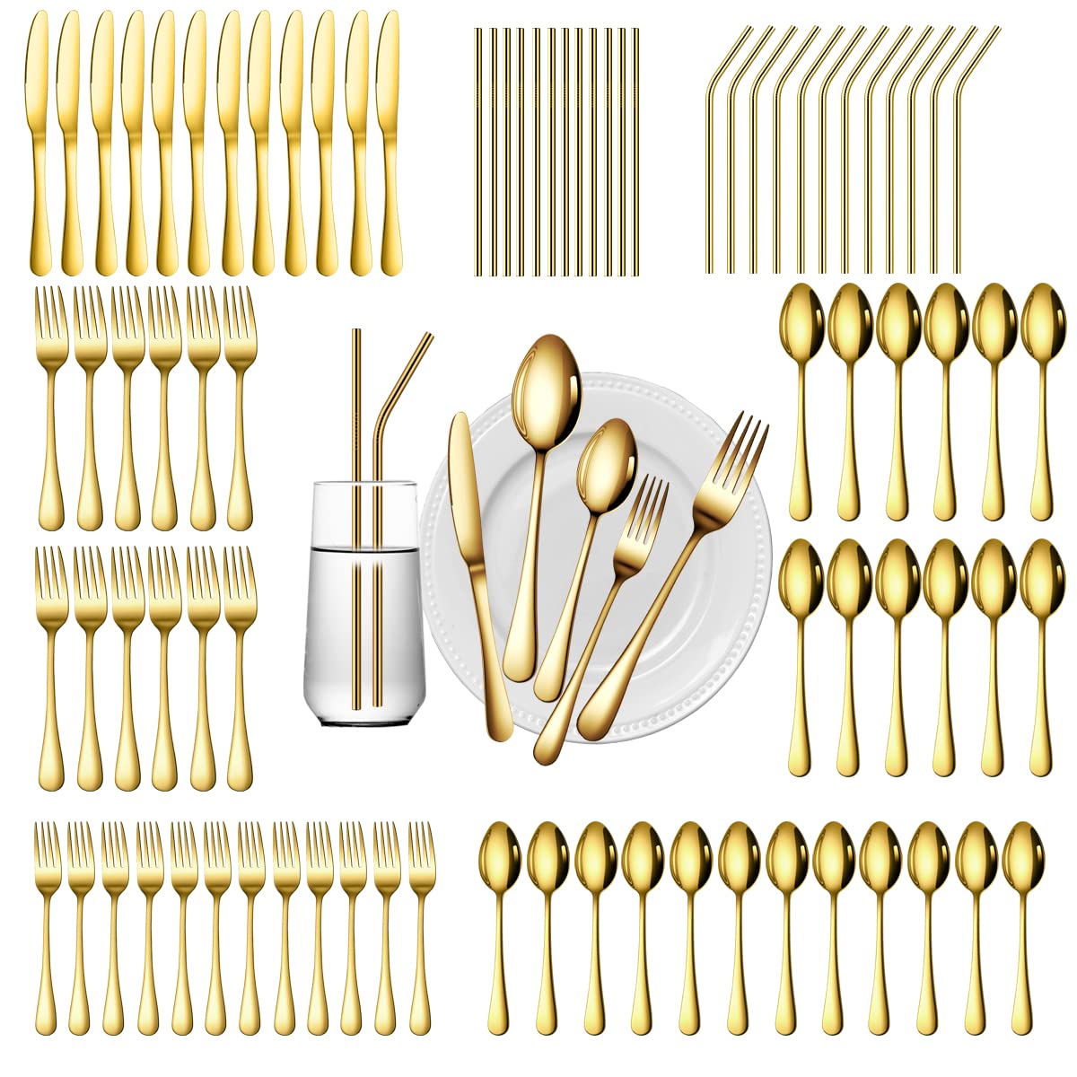 Gutuwellea 84 piezas para 12 comensales, cubiertos dorados para una cena elegante.