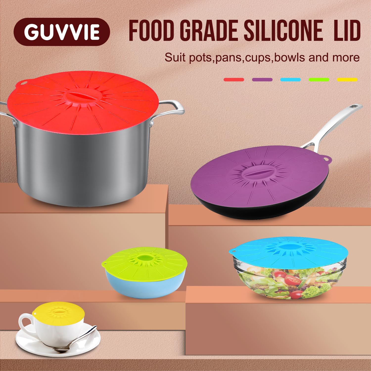 Guvvie tapas de silicona para ollas, sartenes, platos y tazas con ajuste versátil.