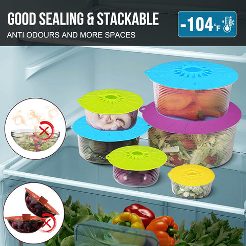 Guvvie tapas de silicona con cierre hermético para conservar alimentos frescos.
