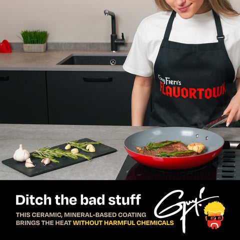 Apto para horno 450°F con Guy Fieri's Flavortown para transición horno.