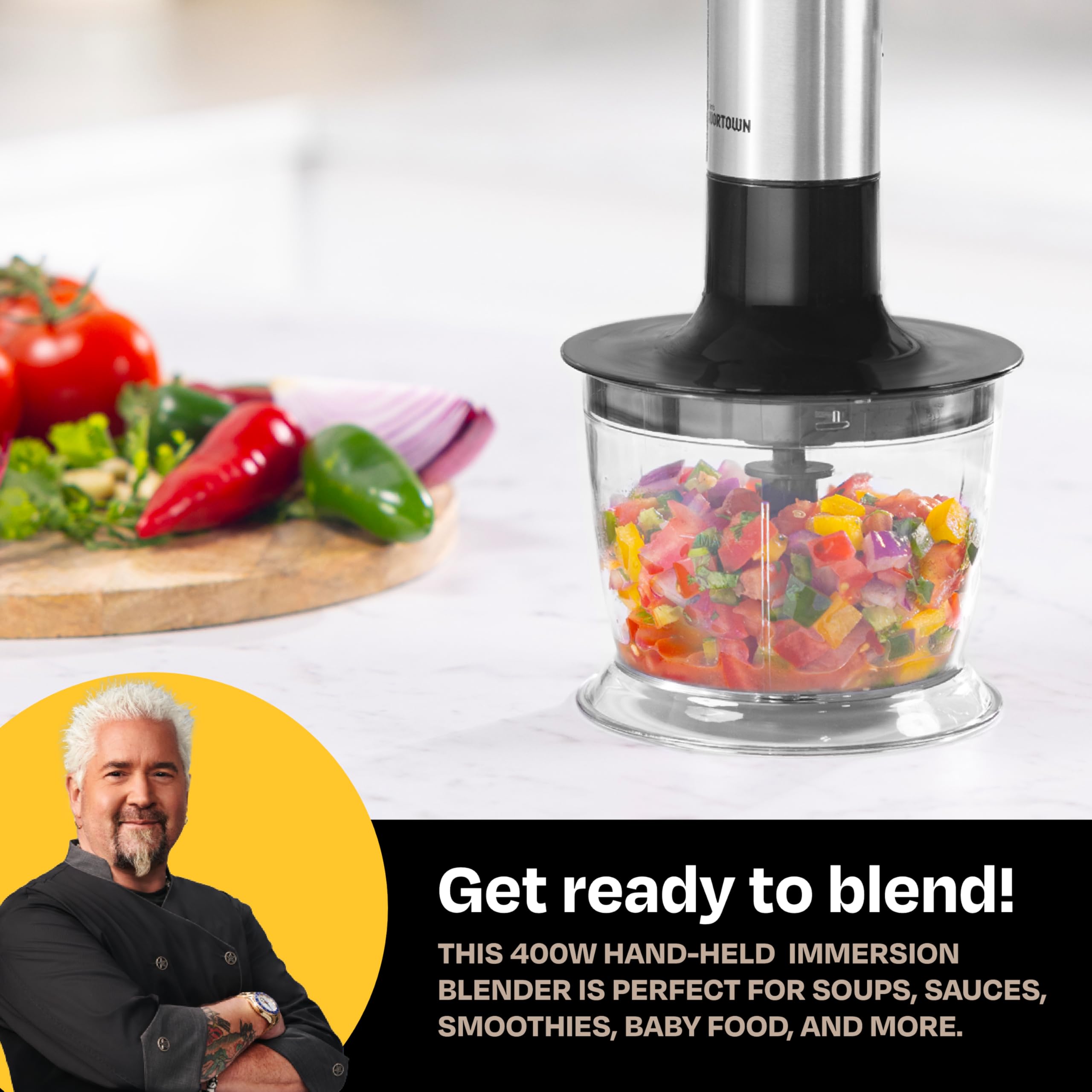 Control de una mano en Guy Fieri's Flavortown para mezclar sin salpicaduras