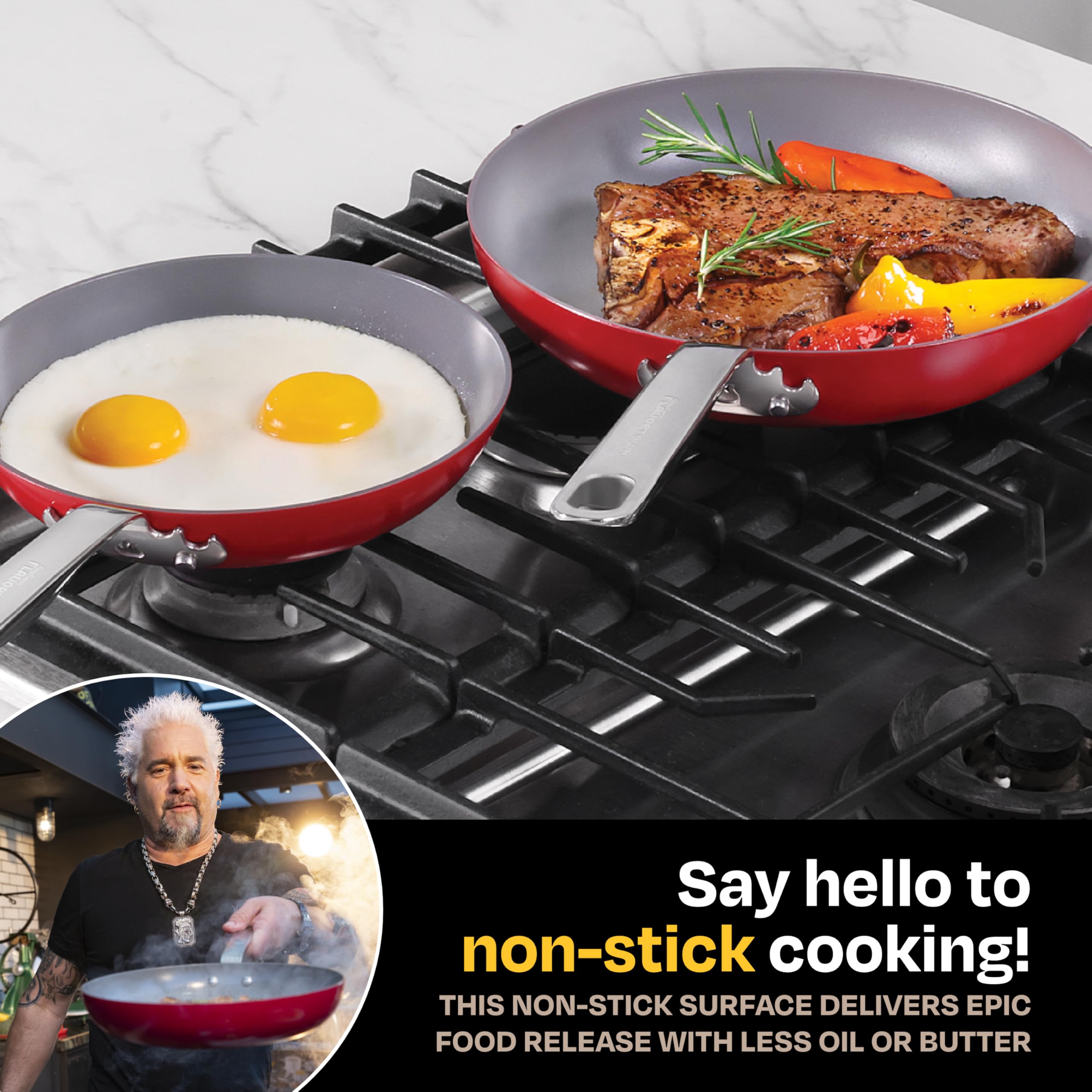 Manijas de acero inoxidable de Guy Fieri's Flavortown para agarre cómodo.