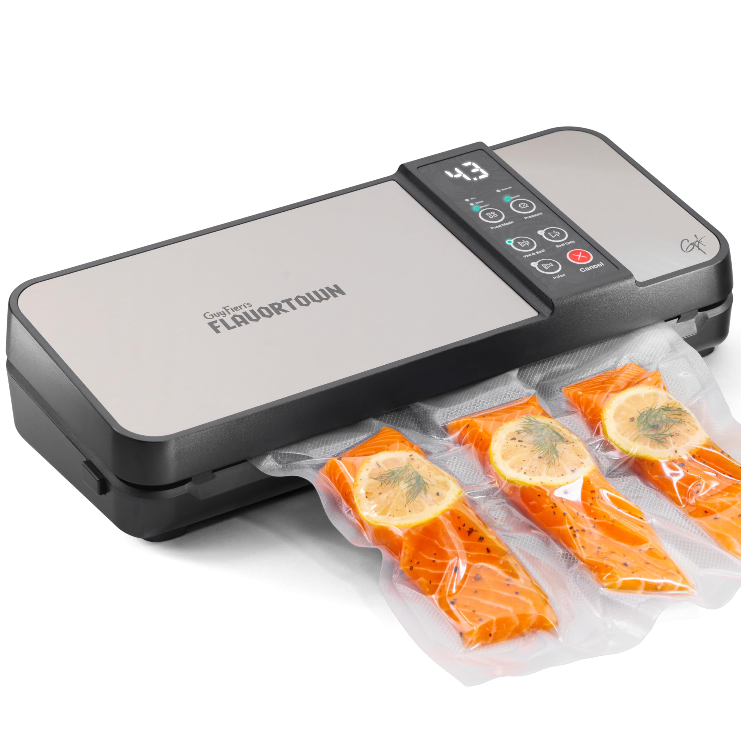La selladora compacta de Guy Fieri's Flavortown con pantalla digital para sellados precisos.