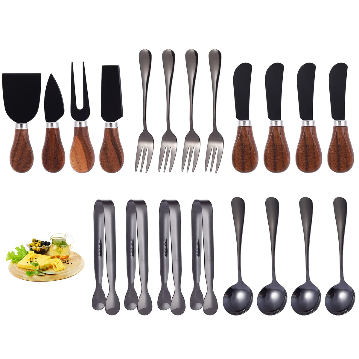 Conjunto GUZE-US de accesorios charcutería negro, ideal para servir quesos y postres en reuniones.