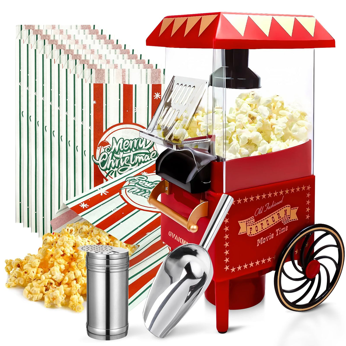 GVAKMM máquina palomitas retro, vista frontal, ideal para cine en casa.